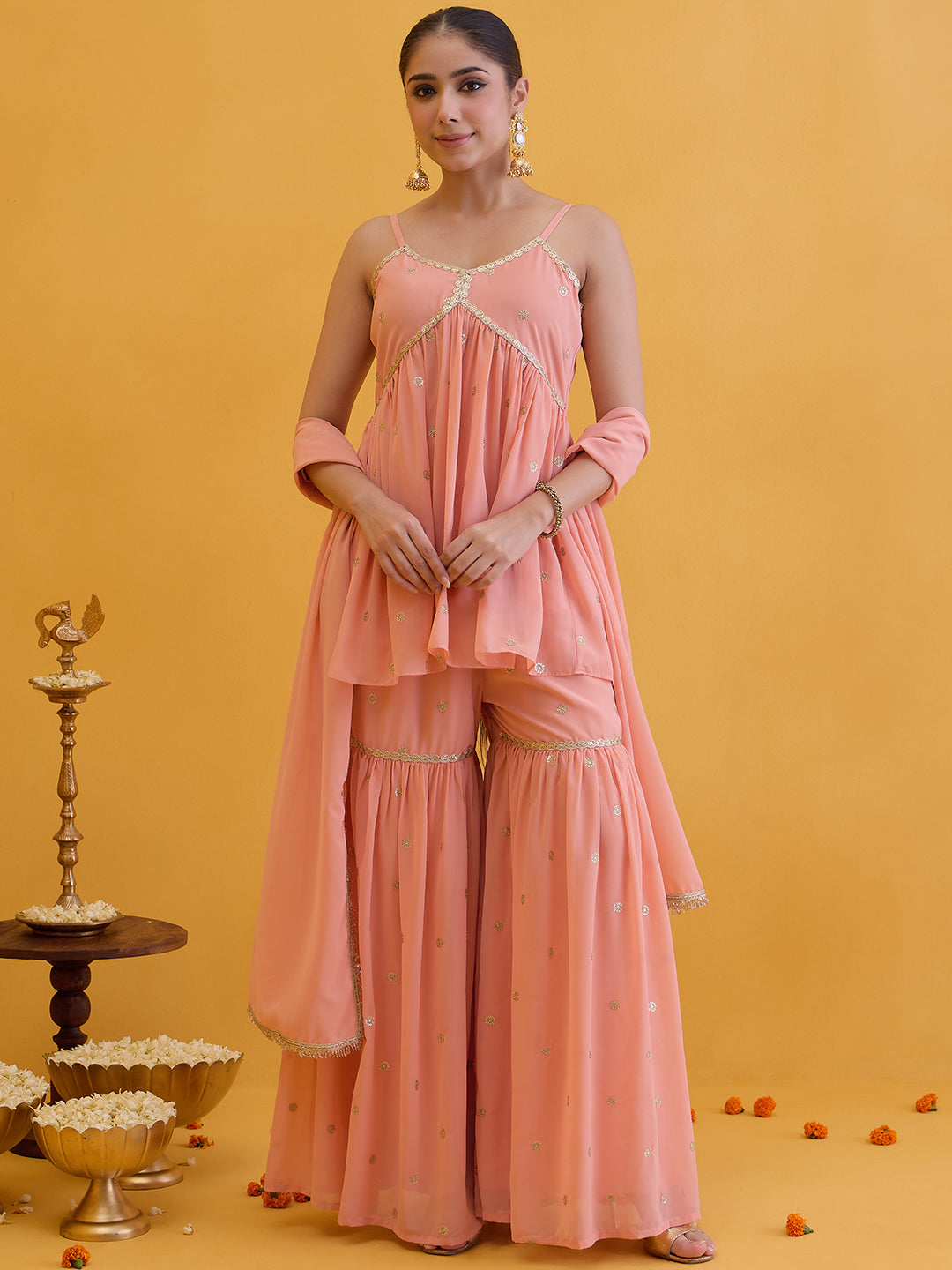 Janasya Women's Peach Georgette Floral Embroidered A-Line Kurta with Sharara and Dupatta Set