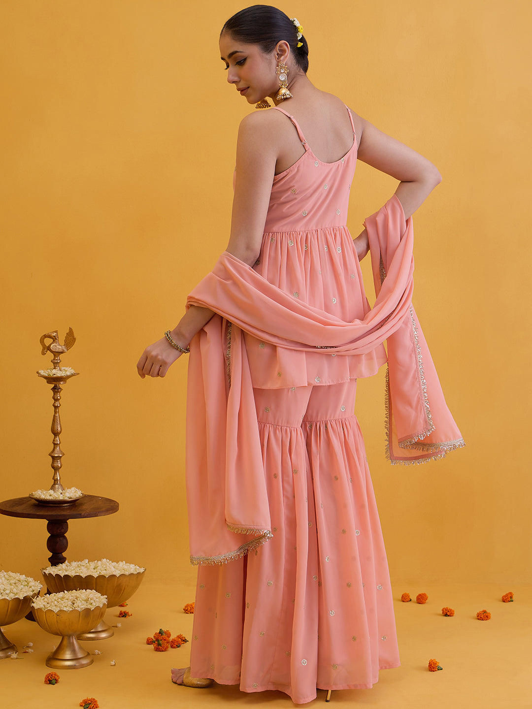 Janasya Women's Peach Georgette Floral Embroidered A-Line Kurta with Sharara and Dupatta Set