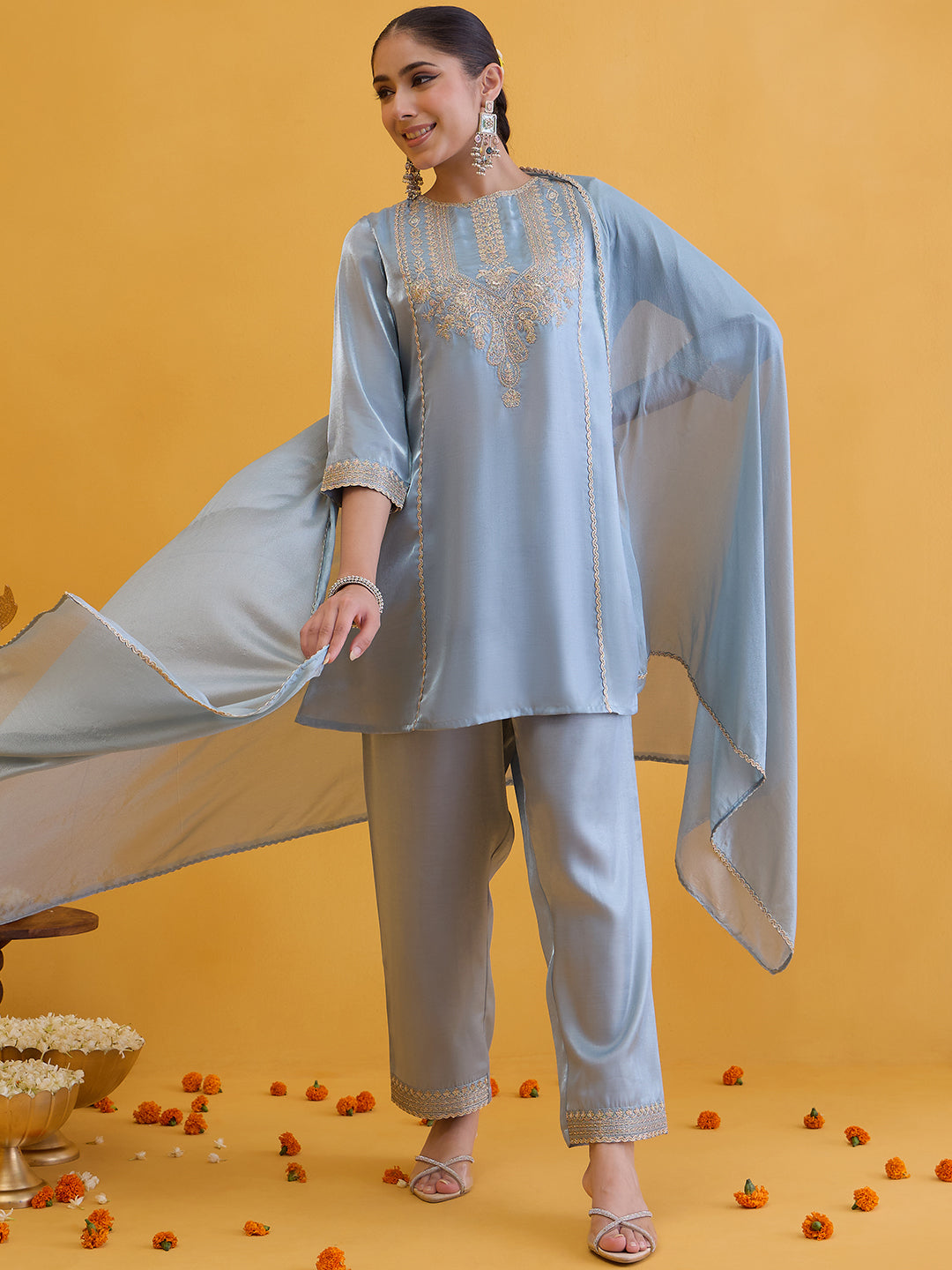 Janasya Women's Sky Blue Silk Blend Zari Embroidered A-Line Kurta Set