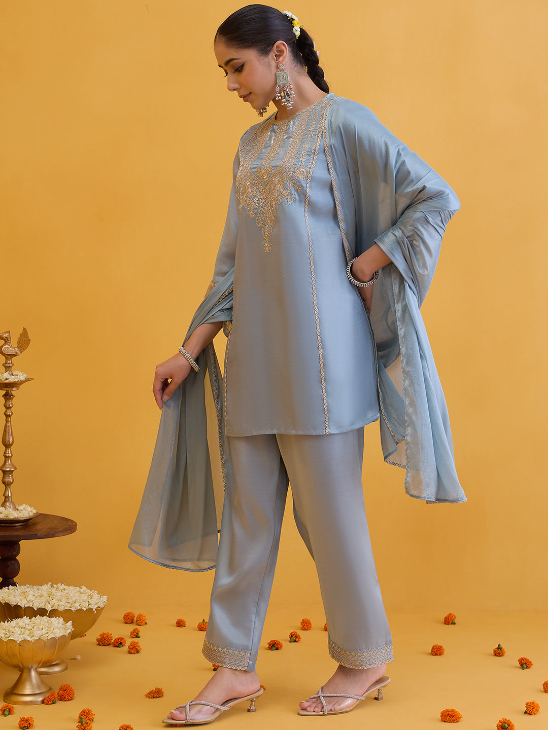 Janasya Women's Sky Blue Silk Blend Zari Embroidered A-Line Kurta Set