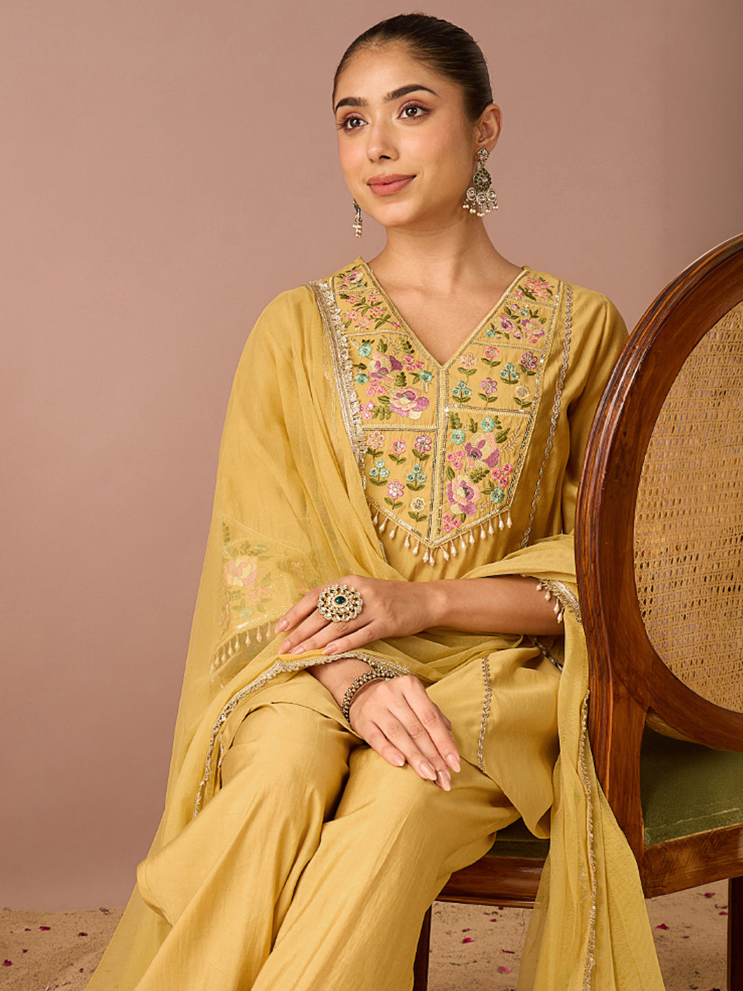 Janasya Women's Yellow Chanderi Silk Floral Beads And Sequins Embroidered A-Line Kurta Salwar Set