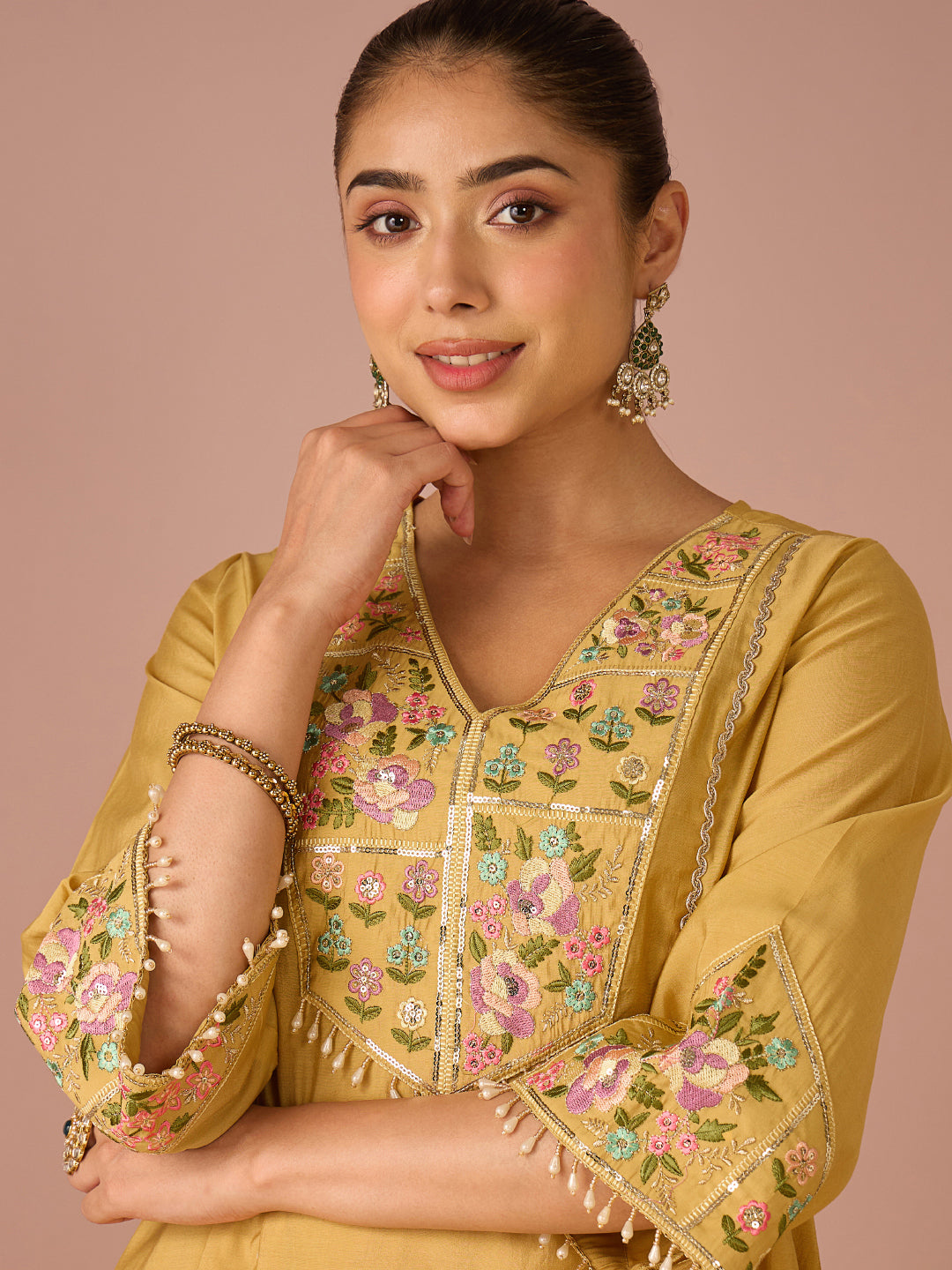 Janasya Women's Yellow Chanderi Silk Floral Beads And Sequins Embroidered A-Line Kurta Salwar Set