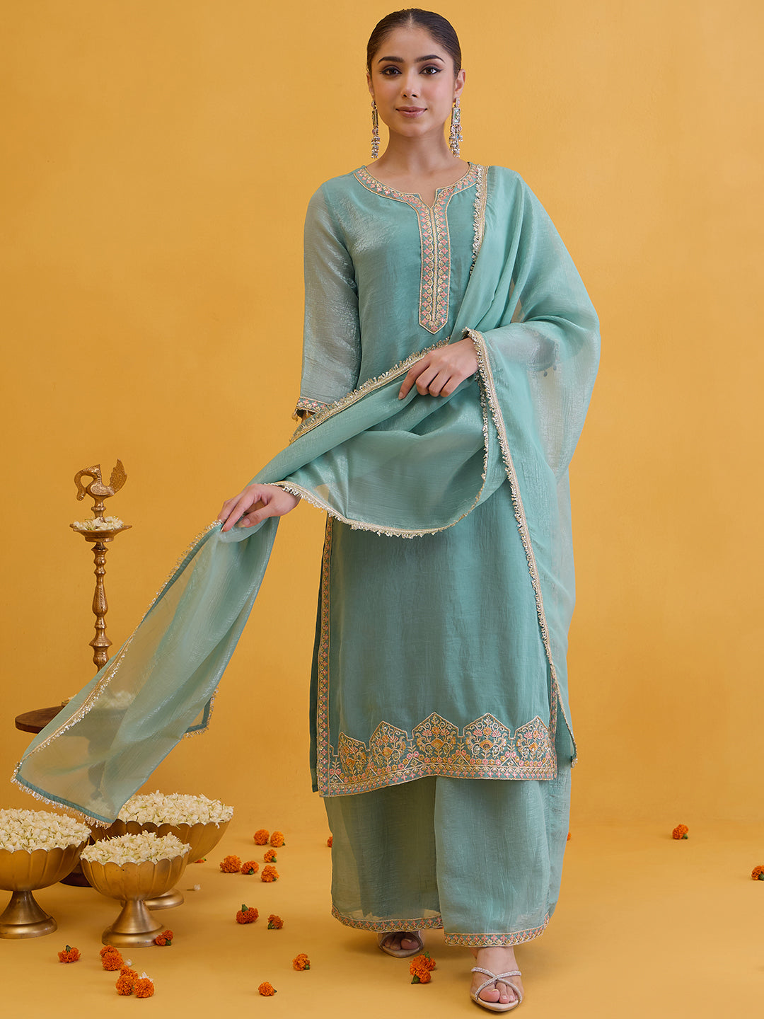 Janasya Women's Sea Green Silk Blend Floral Embroidered Straight Kurta with Sharara and Dupatta Set