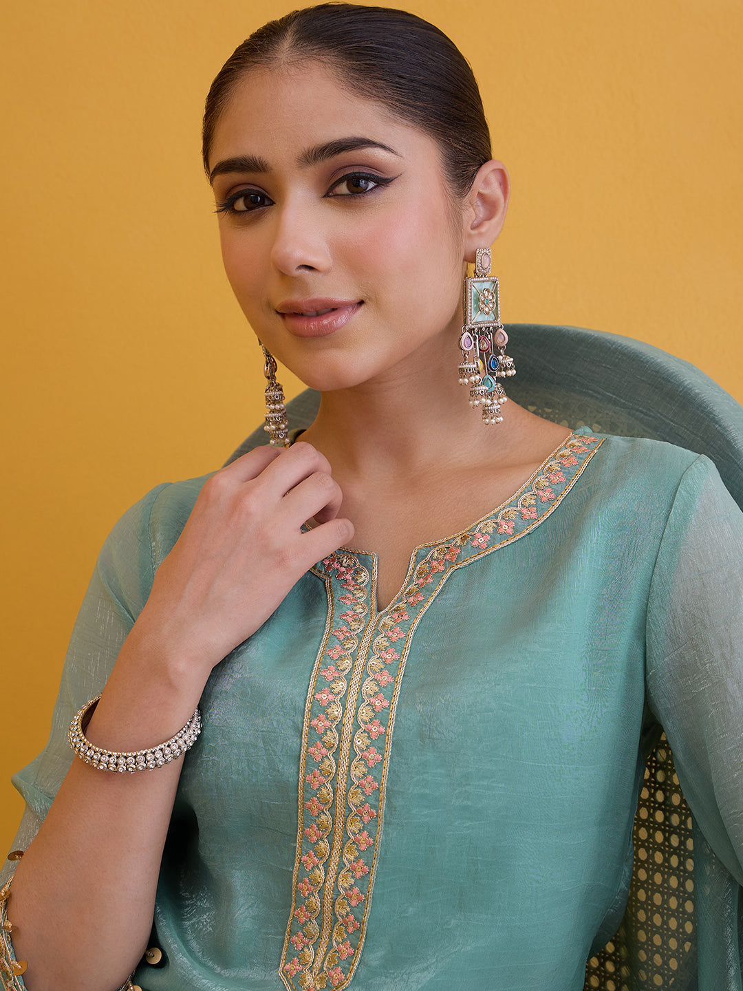 Janasya Women's Sea Green Silk Blend Floral Embroidered Straight Kurta with Sharara and Dupatta Set