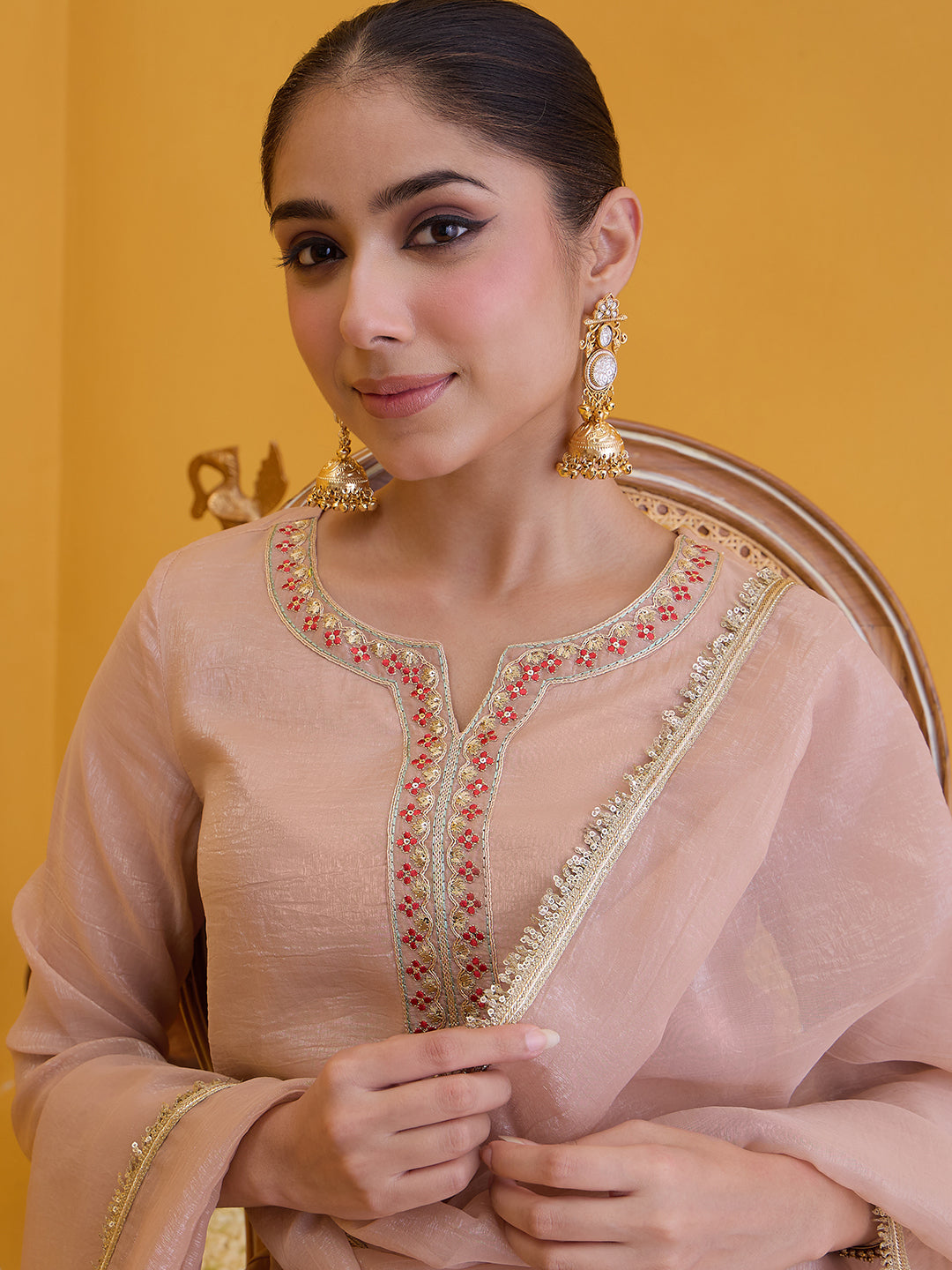 Janasya Women's Peach Tissue Silk Floral Zari Embroidered Straight Kurta with Palazzo And Dupatta Set