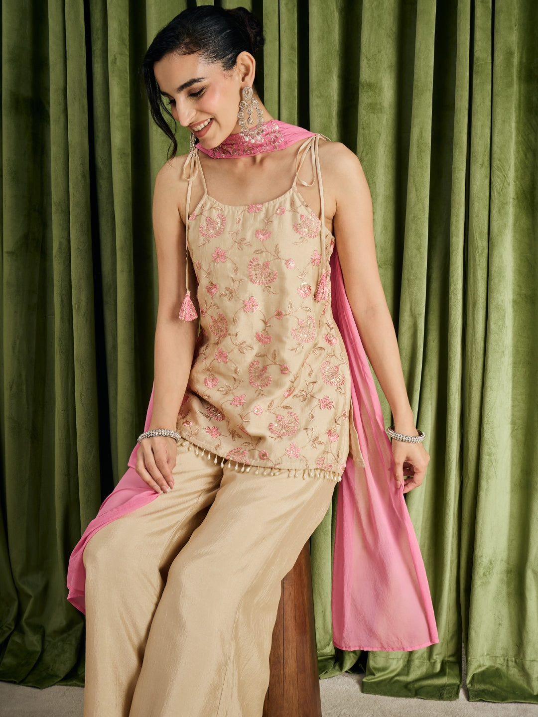 Janasya Women's Cream Silk Blend Floral Zari Embroidered Regular Top Pant with Choker Dupatta Set