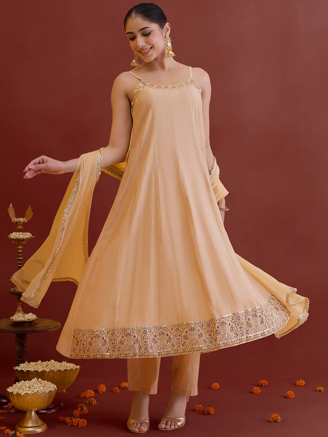 Janasya Women's Beige Chanderi Silk Floral Embroidered Anarkali Kurta Set