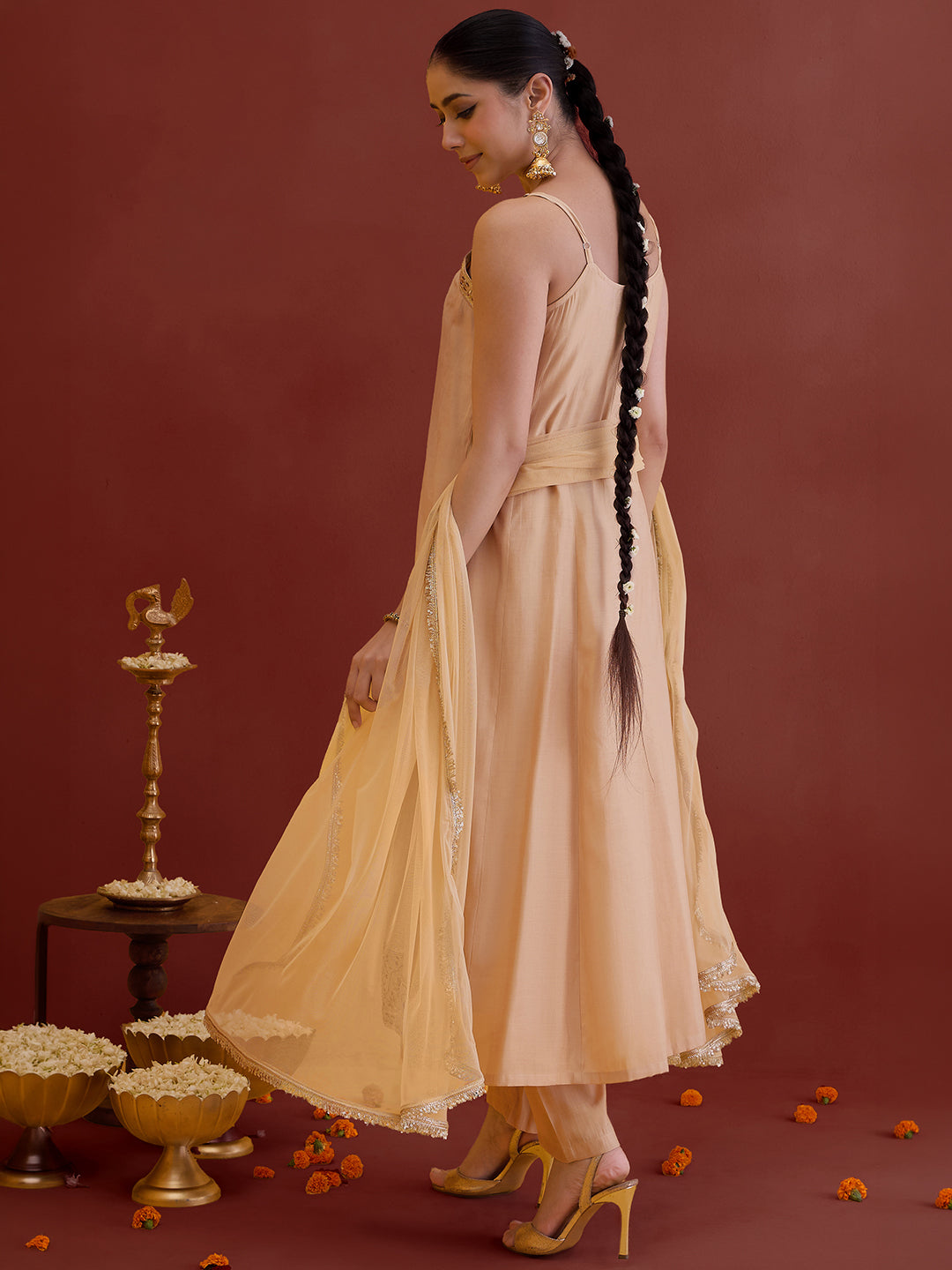 Janasya Women's Beige Chanderi Silk Floral Embroidered Anarkali Kurta Set