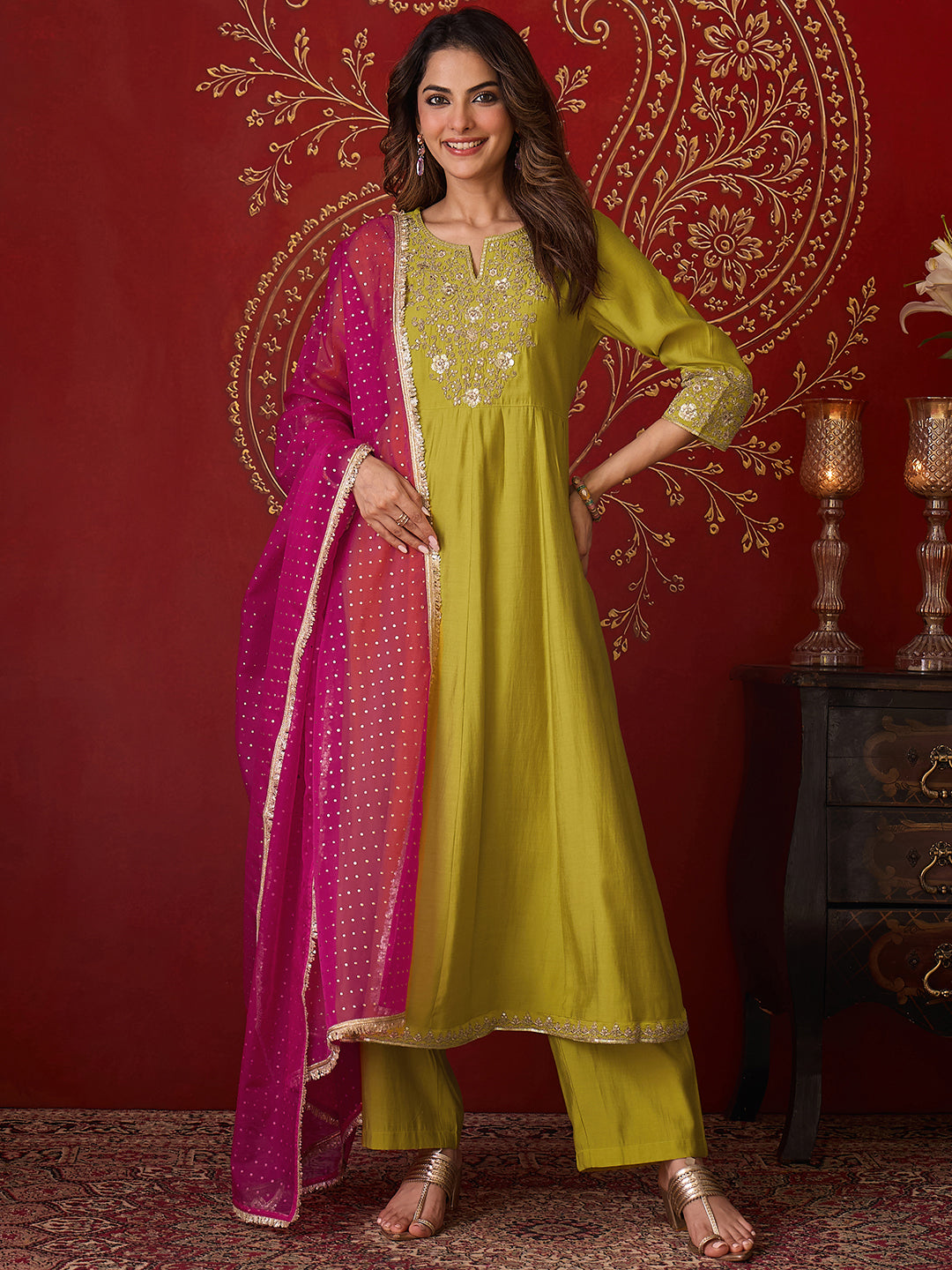 Janasya Women's Lime Green Chanderi Silk Floral Zari Embroidered Anarkali Kurta Set