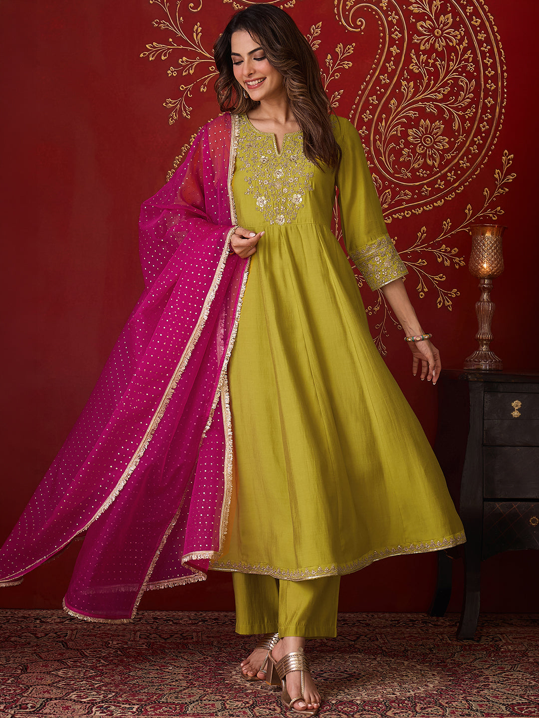 Janasya Women's Lime Green Chanderi Silk Floral Zari Embroidered Anarkali Kurta Set