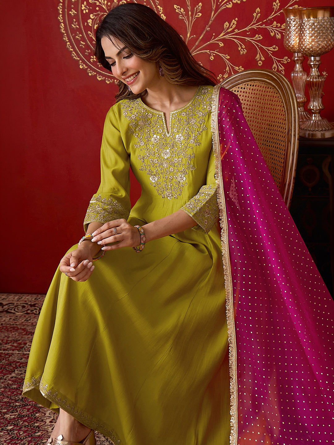 Janasya Women's Lime Green Chanderi Silk Floral Zari Embroidered Anarkali Kurta Set