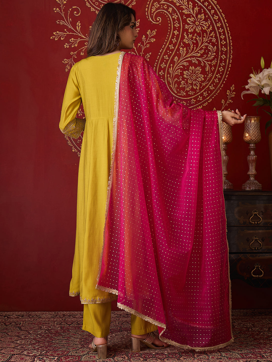 Janasya Women's Lime Green Chanderi Silk Floral Zari Embroidered Anarkali Kurta Set