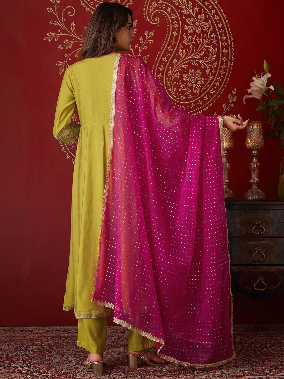 Janasya Women's Lime Green Chanderi Silk Floral Zari Embroidered Anarkali Kurta Set