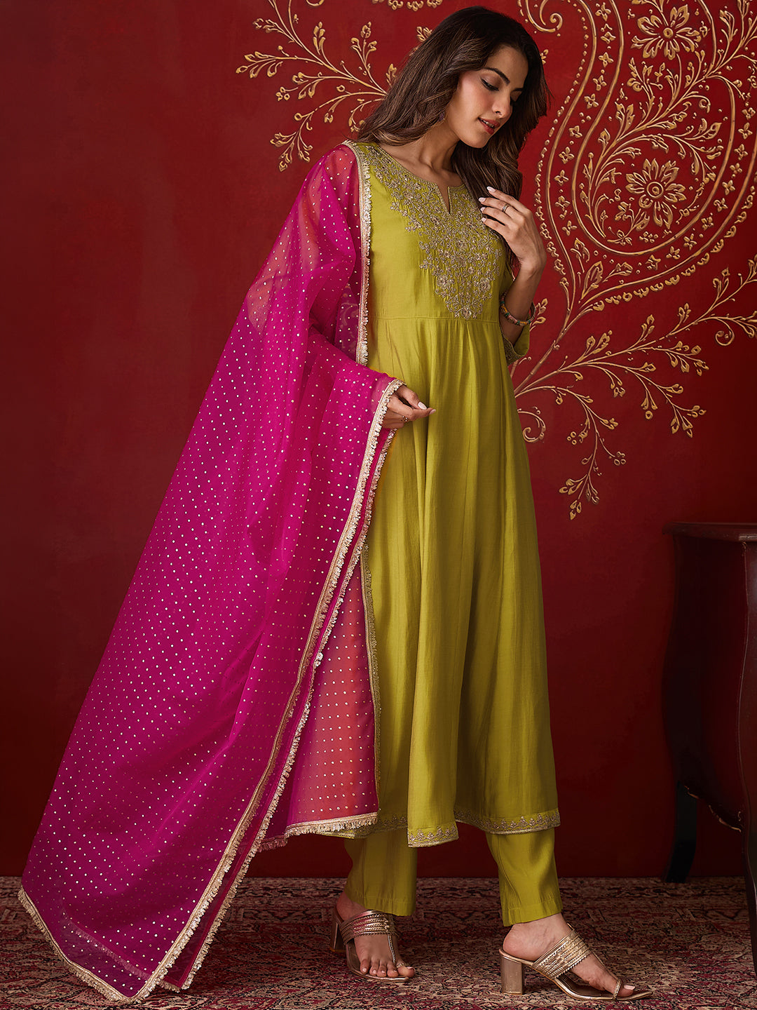Janasya Women's Lime Green Chanderi Silk Floral Zari Embroidered Anarkali Kurta Set