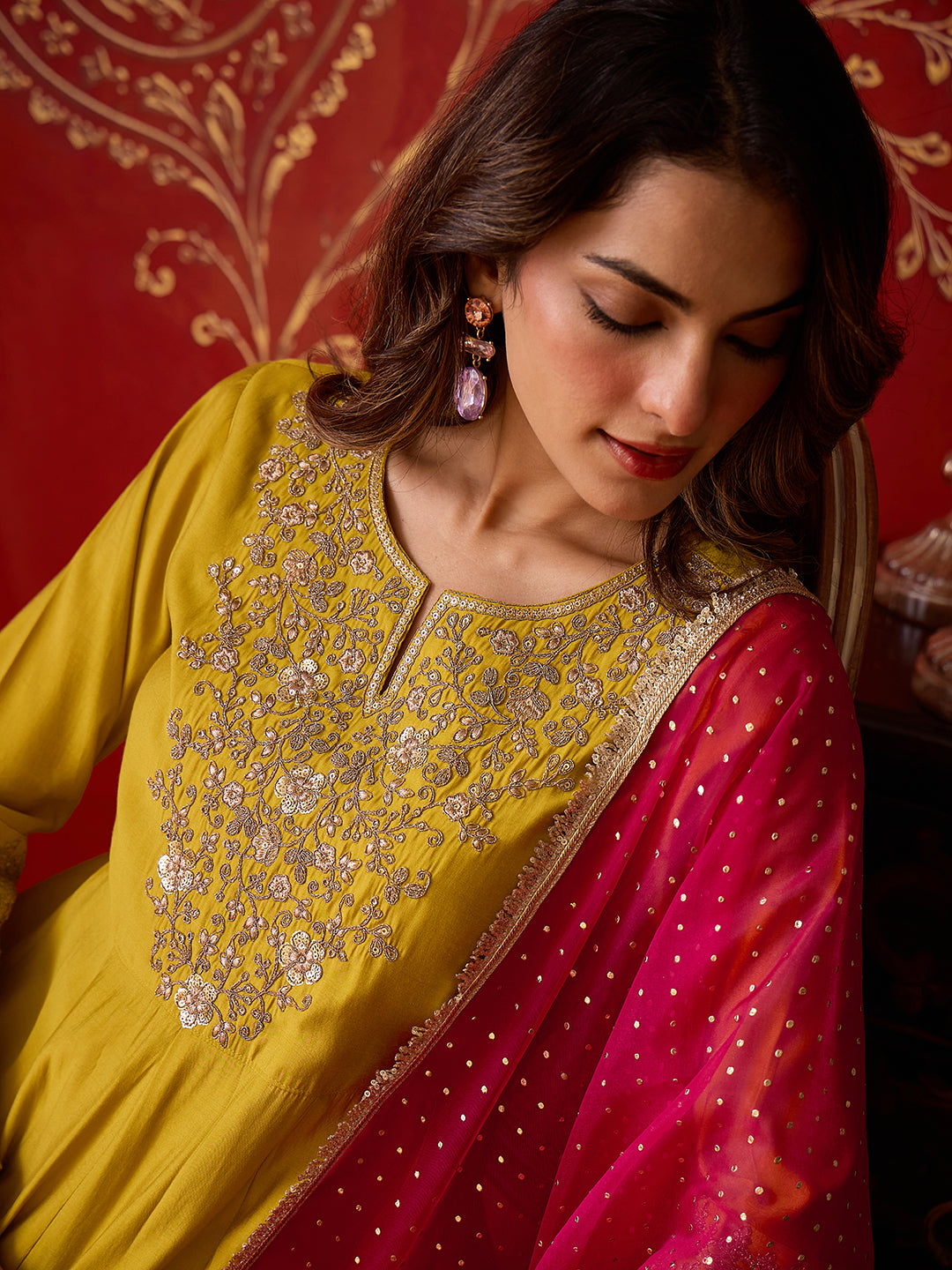Janasya Women's Lime Green Chanderi Silk Floral Zari Embroidered Anarkali Kurta Set