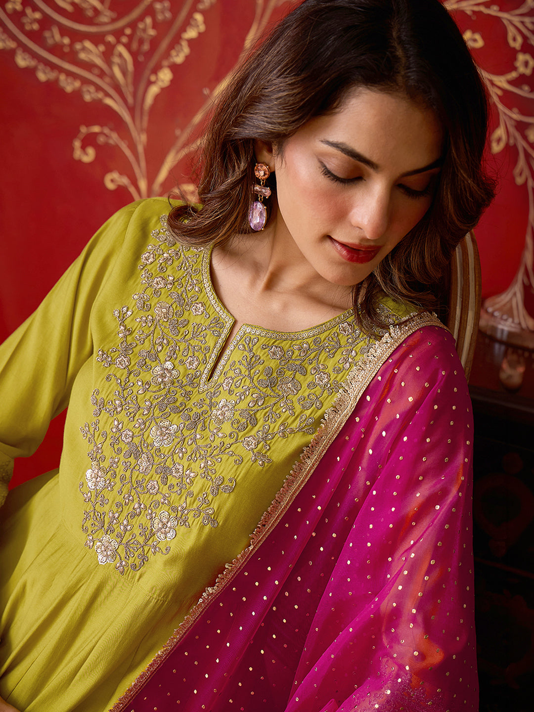 Janasya Women's Lime Green Chanderi Silk Floral Zari Embroidered Anarkali Kurta Set