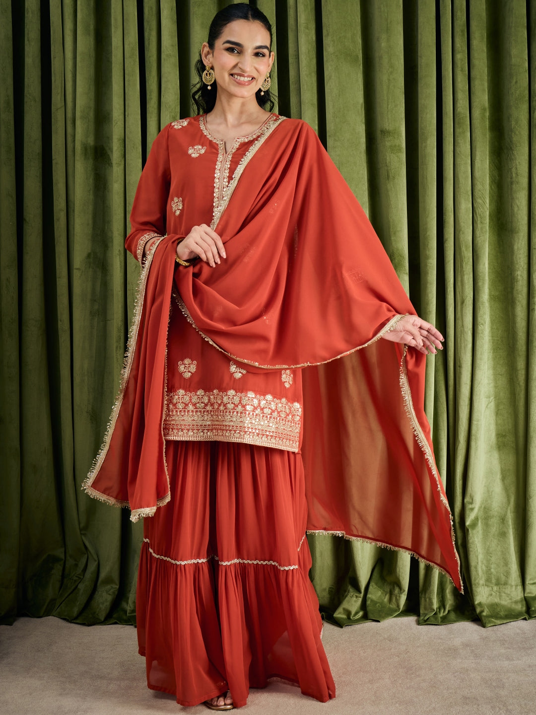 Janasya Women's Rust Georgette Sequin Zari Embroidered Straight Kurta with Sharara and Dupatta Set