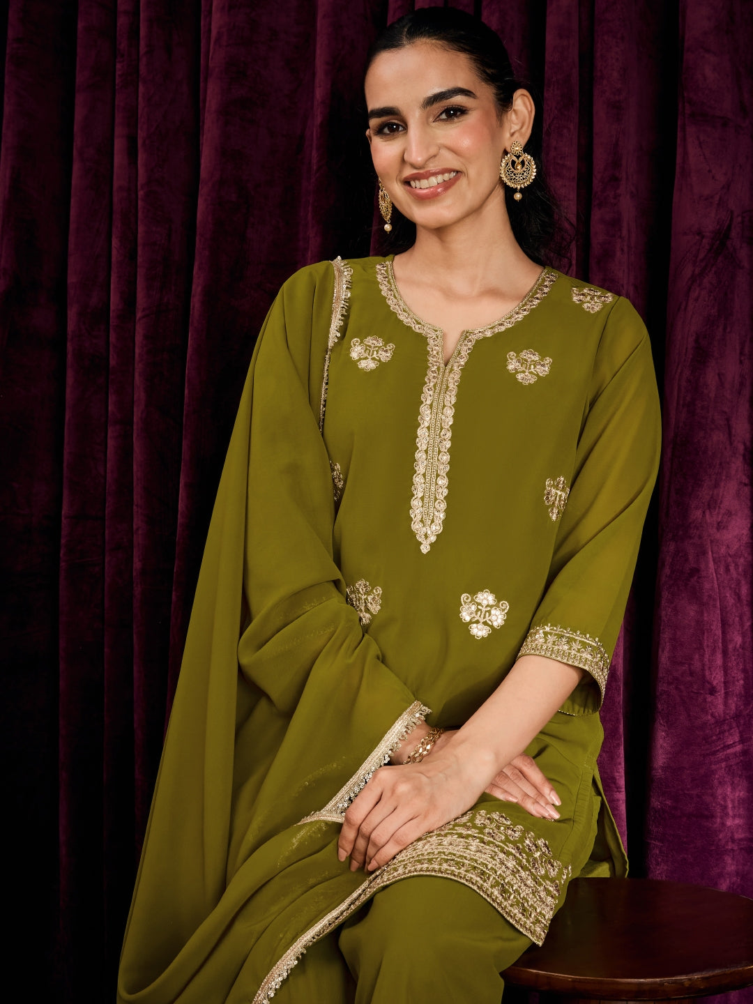 Janasya Women's Green Georgette Floral Zari Embroidered Straight Kurta with Sharara And Dupatta Set