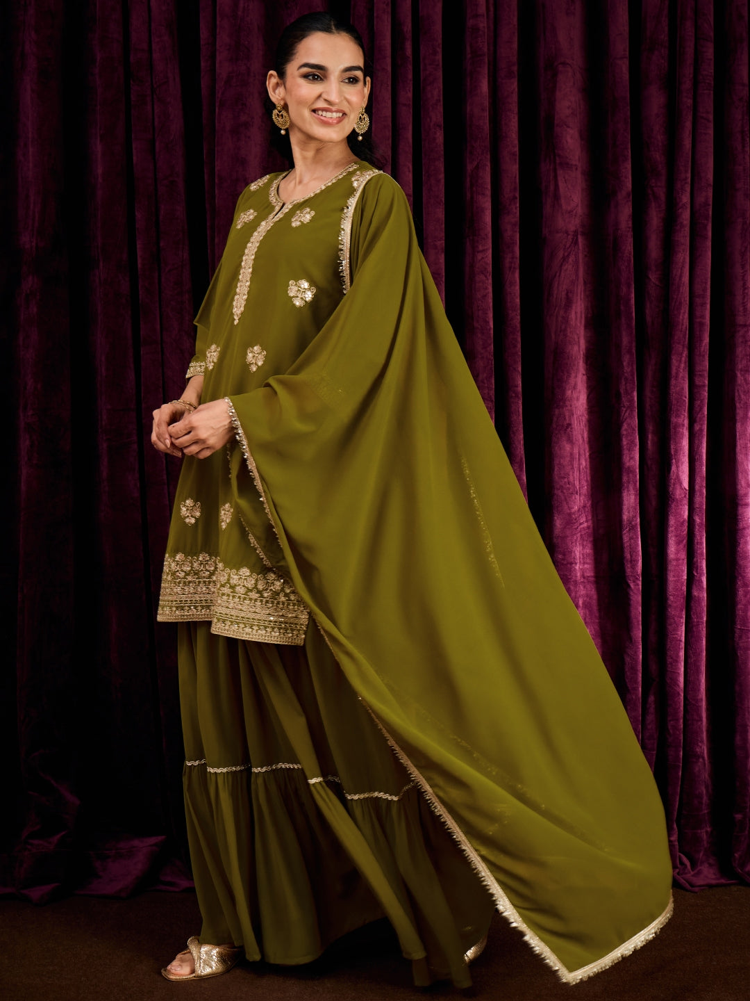 Janasya Women's Green Georgette Floral Zari Embroidered Straight Kurta with Sharara And Dupatta Set
