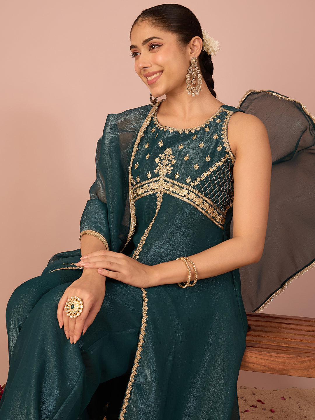Janasya Women's Teal Green Tissue Silk Floral Sequins And Zari Embroidered A-Line Front High Slit Kurta Set