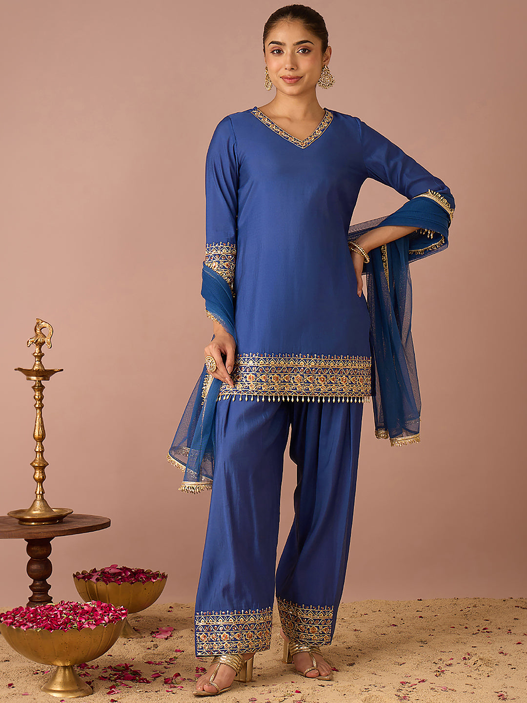 Janasya Women's Navy Blue Chanderi Silk Floral Sequins and Zari Embroidered Straight Kurta Salwar Set
