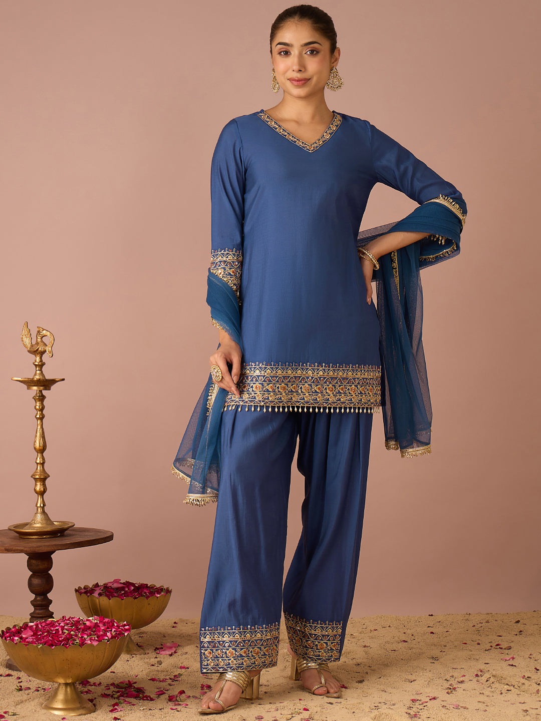 Janasya Women's Navy Blue Chanderi Silk Floral Sequins and Zari Embroidered Straight Kurta Salwar Set