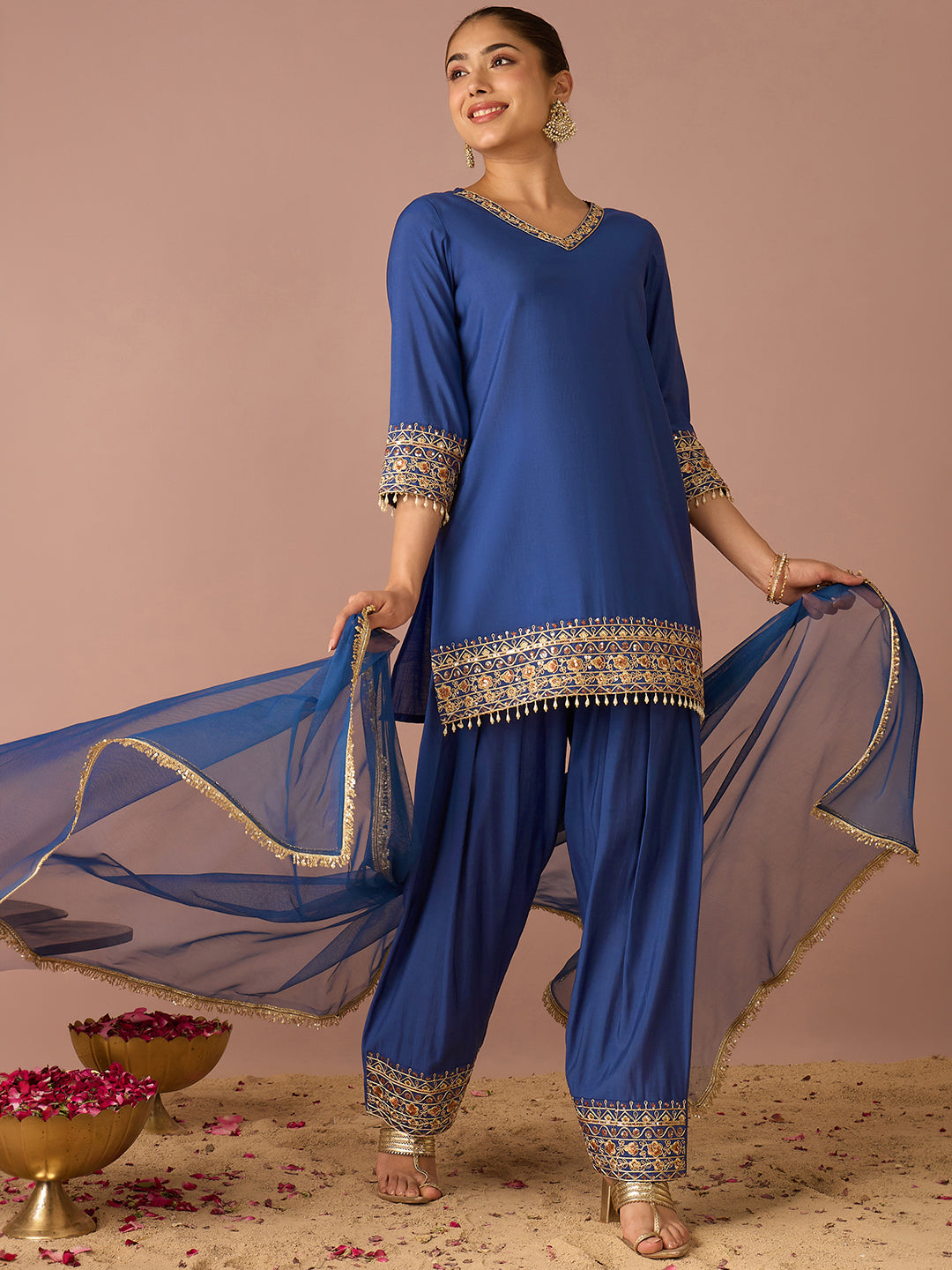 Janasya Women's Navy Blue Chanderi Silk Floral Sequins and Zari Embroidered Straight Kurta Salwar Set