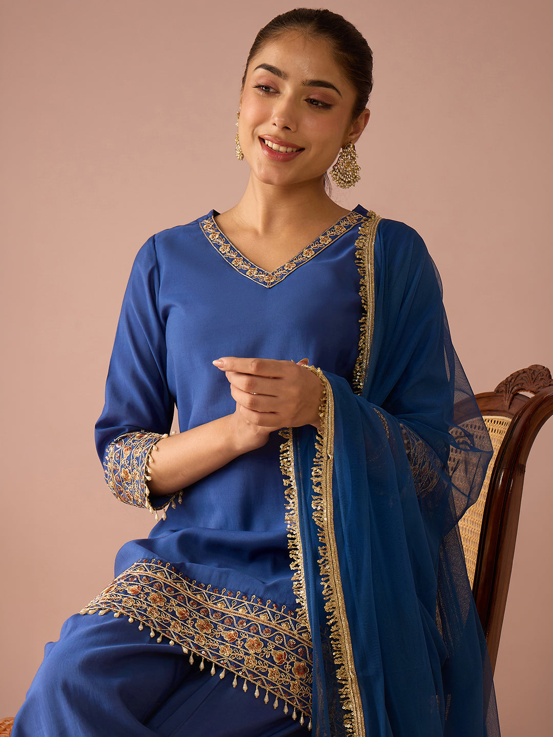 Janasya Women's Navy Blue Chanderi Silk Floral Sequins and Zari Embroidered Straight Kurta Salwar Set