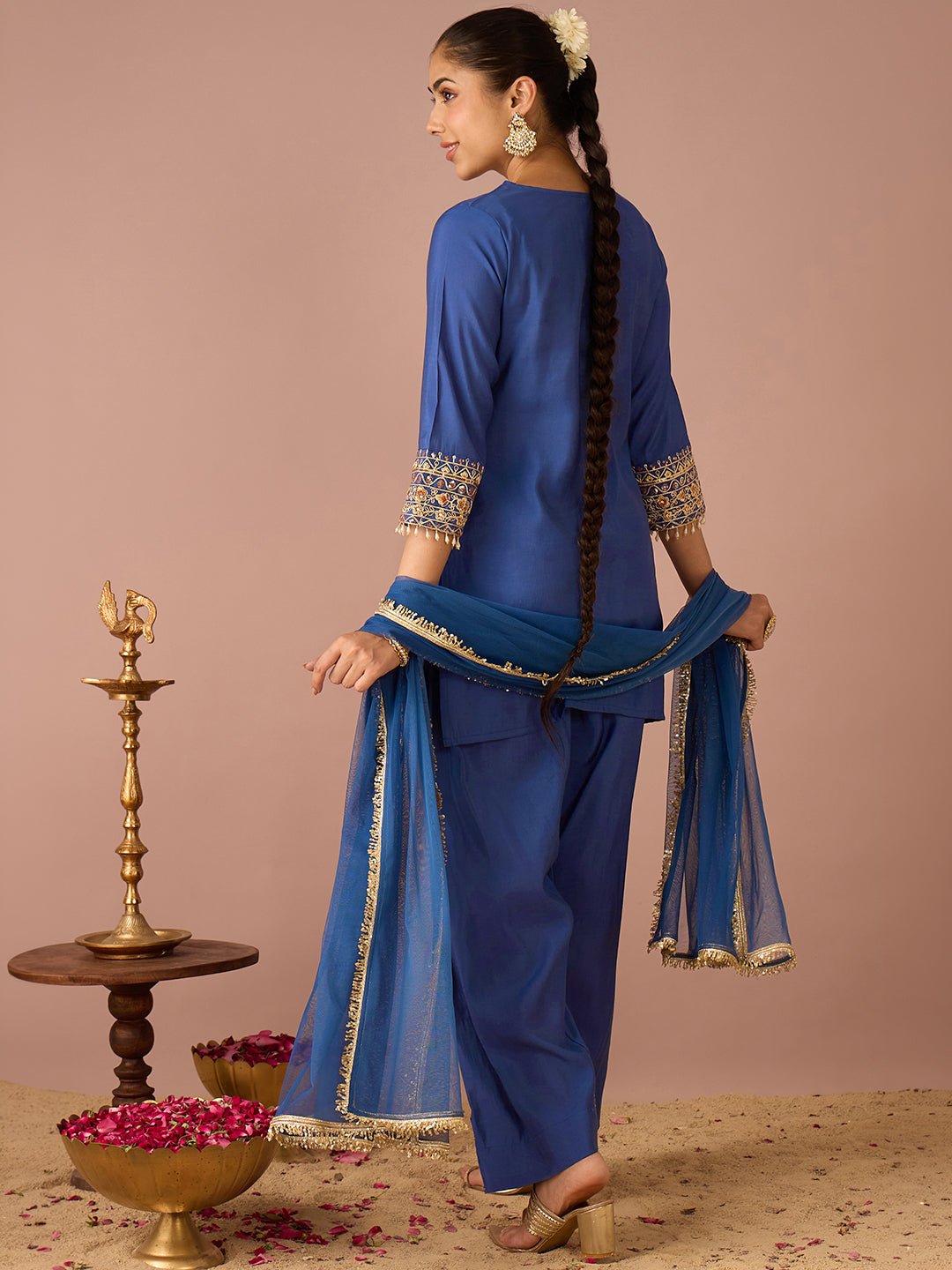 Janasya Women's Navy Blue Chanderi Silk Floral Sequins and Zari Embroidered Straight Kurta Salwar Set