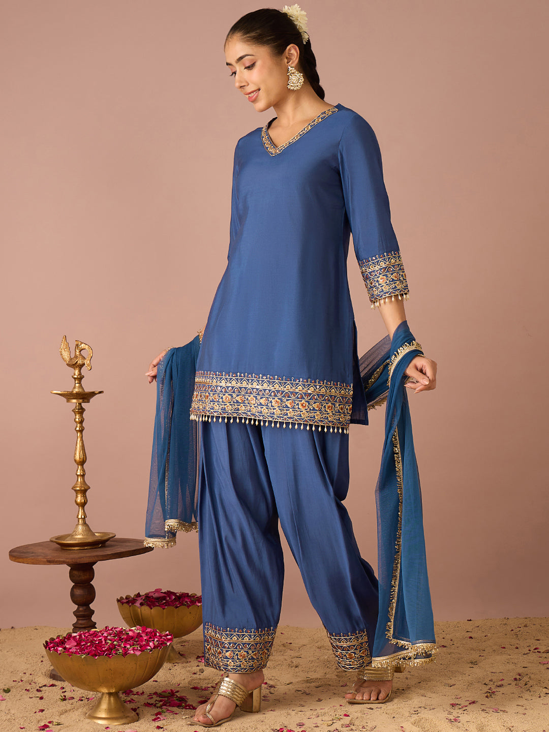Janasya Women's Navy Blue Chanderi Silk Floral Sequins and Zari Embroidered Straight Kurta Salwar Set