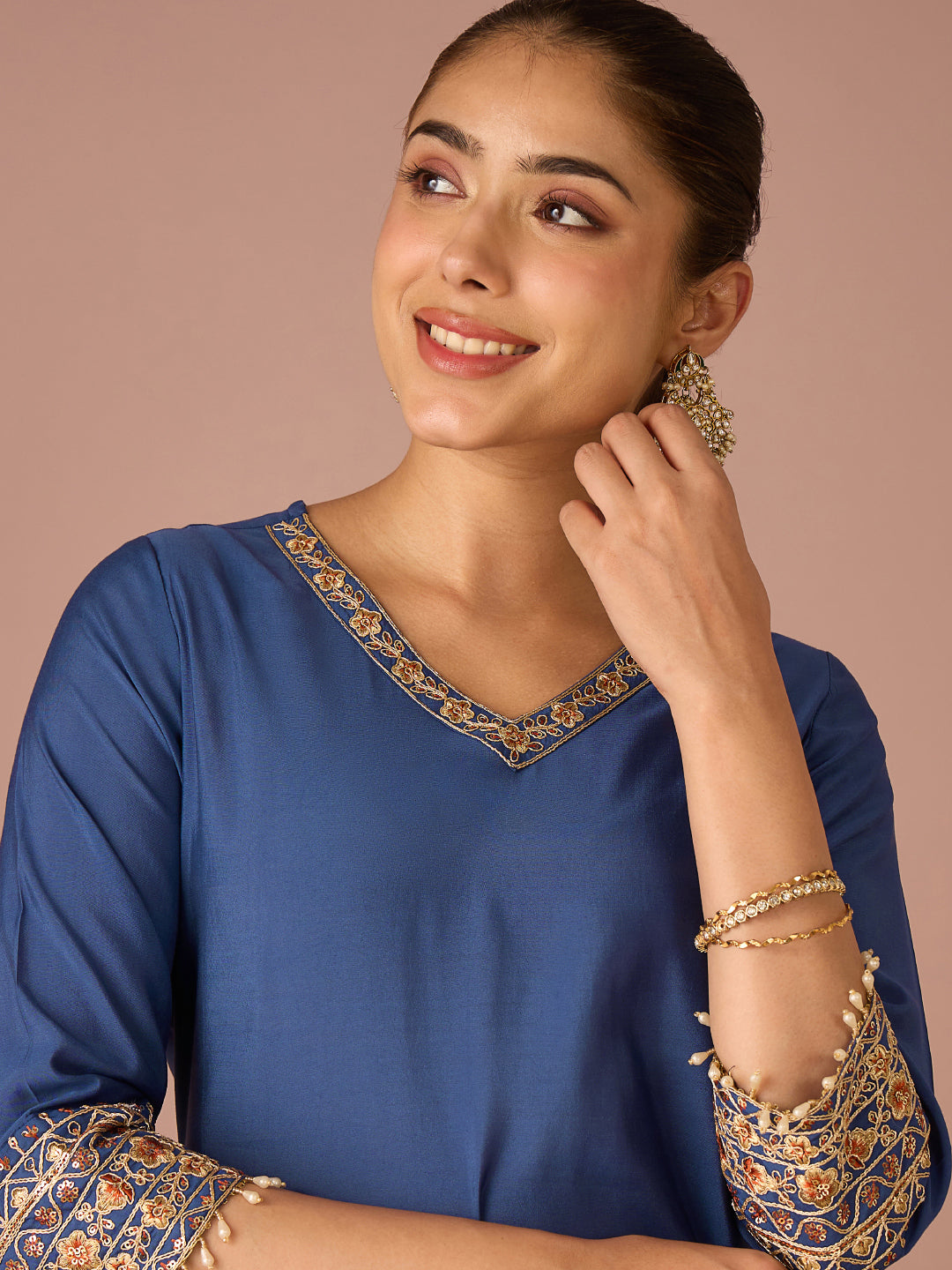 Janasya Women's Navy Blue Chanderi Silk Floral Sequins and Zari Embroidered Straight Kurta Salwar Set