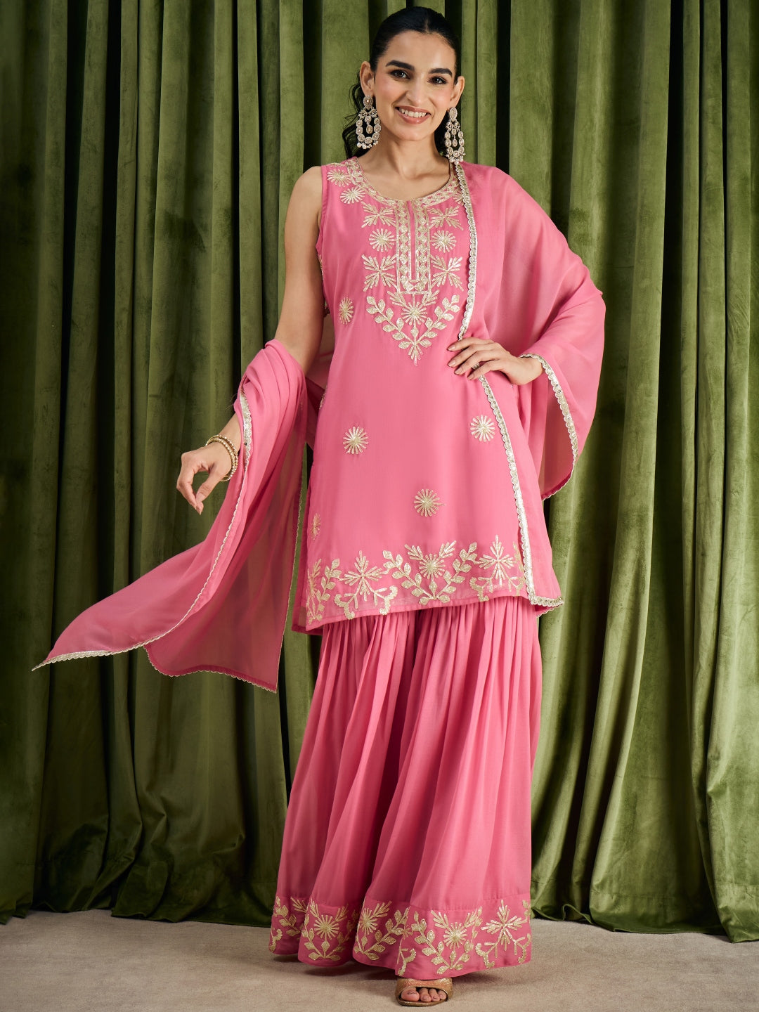 Janasya Women's Pink Georgette Embellished Straight Kurta with Sharara and Dupatta Set
