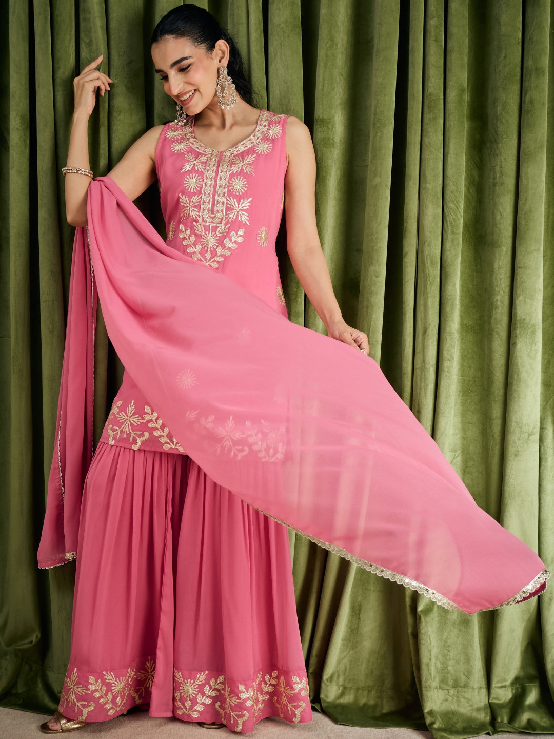 Janasya Women's Pink Georgette Embellished Straight Kurta with Sharara and Dupatta Set