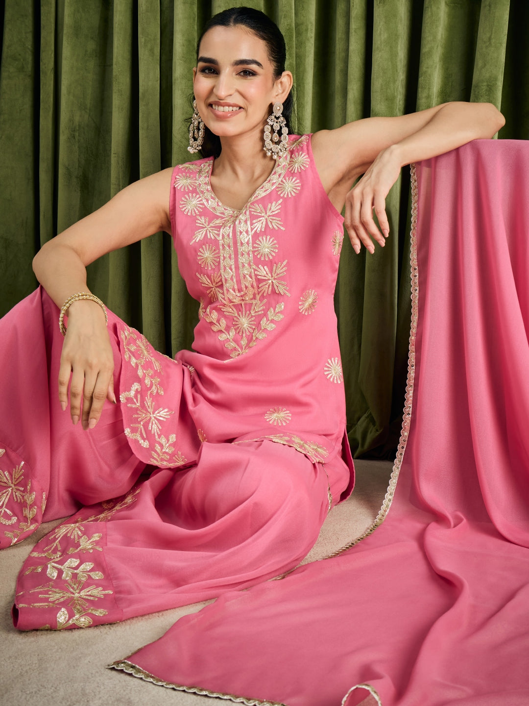 Janasya Women's Pink Georgette Embellished Straight Kurta with Sharara and Dupatta Set