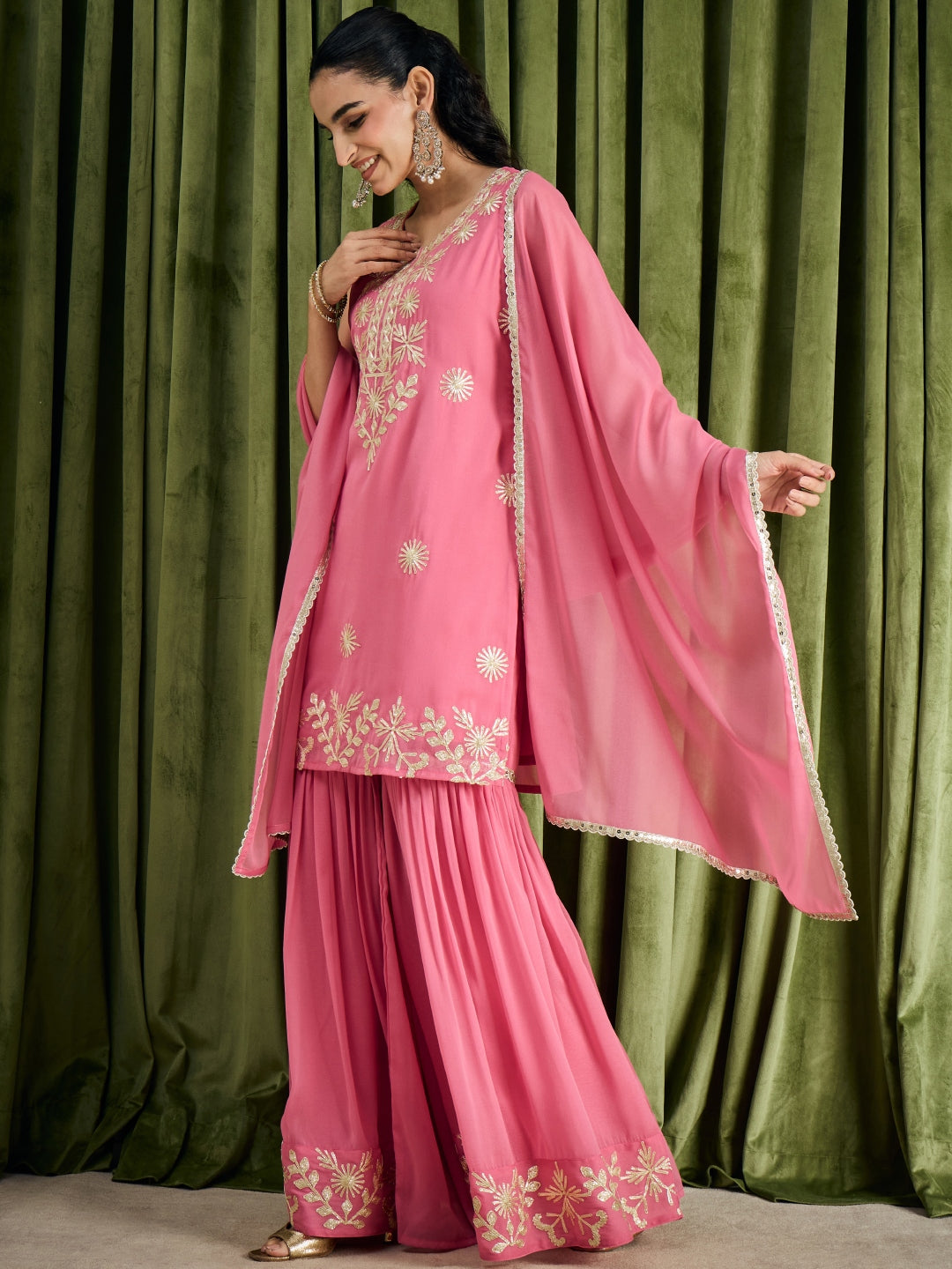 Janasya Women's Pink Georgette Embellished Straight Kurta with Sharara and Dupatta Set