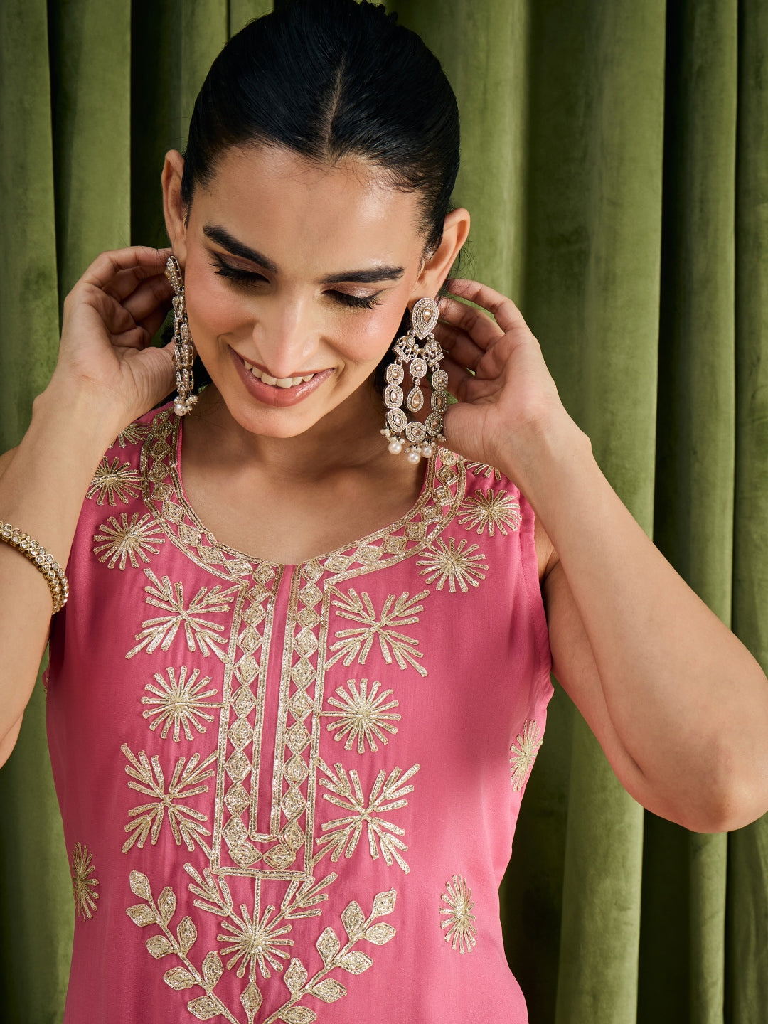 Janasya Women's Pink Georgette Embellished Straight Kurta with Sharara and Dupatta Set