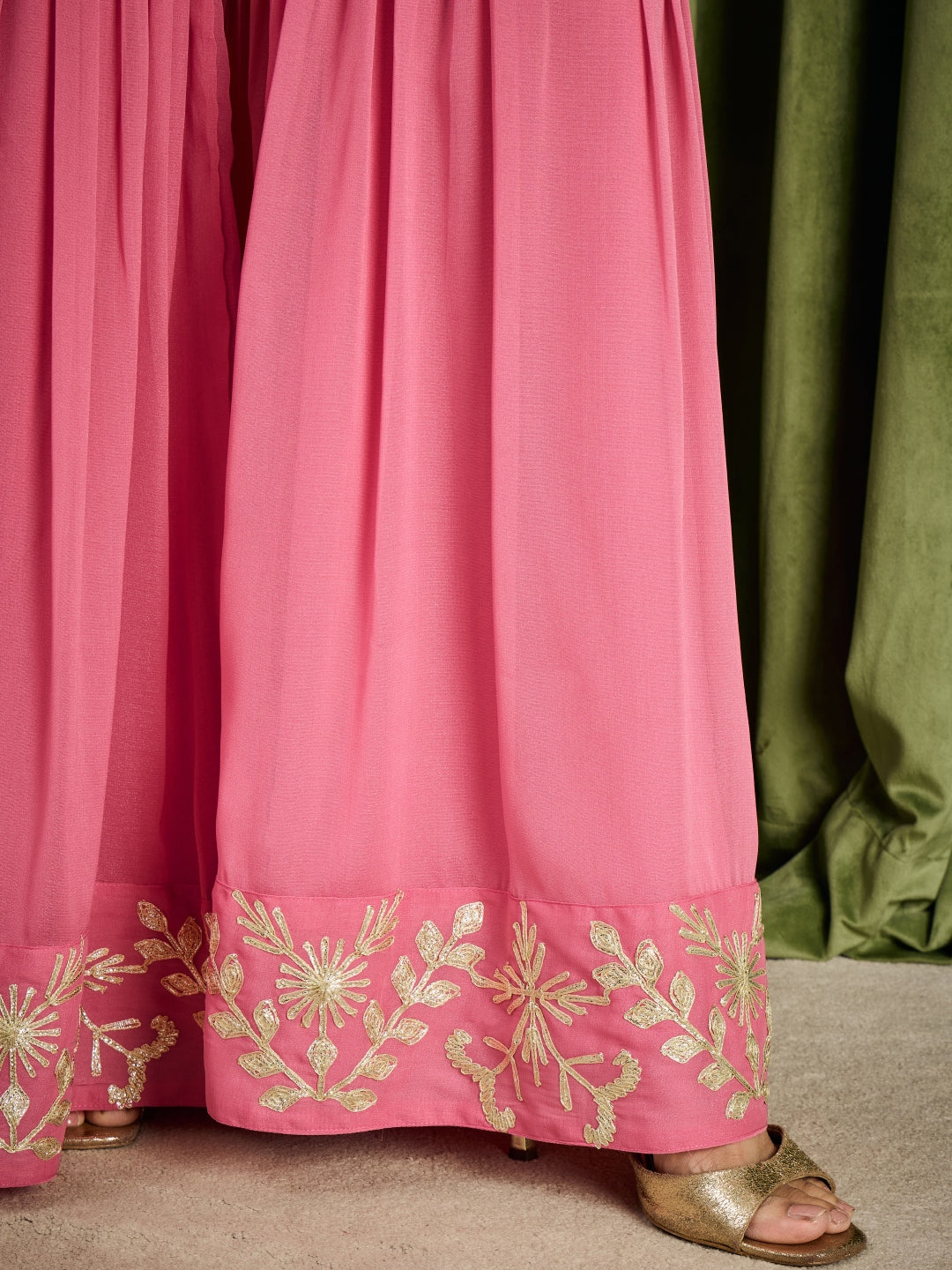 Janasya Women's Pink Georgette Embellished Straight Kurta with Sharara and Dupatta Set