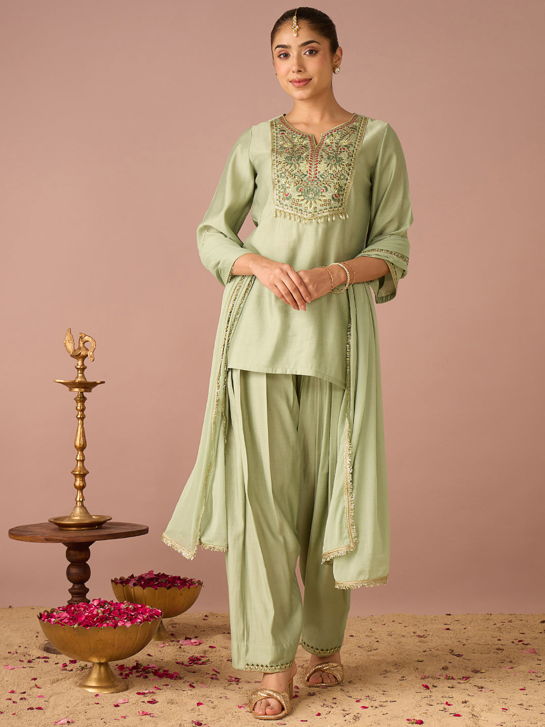 Janasya Women's Mint Green Chanderi Silk Floral Zari Embroidered Straight Kurta with Salwar And Dupatta Set