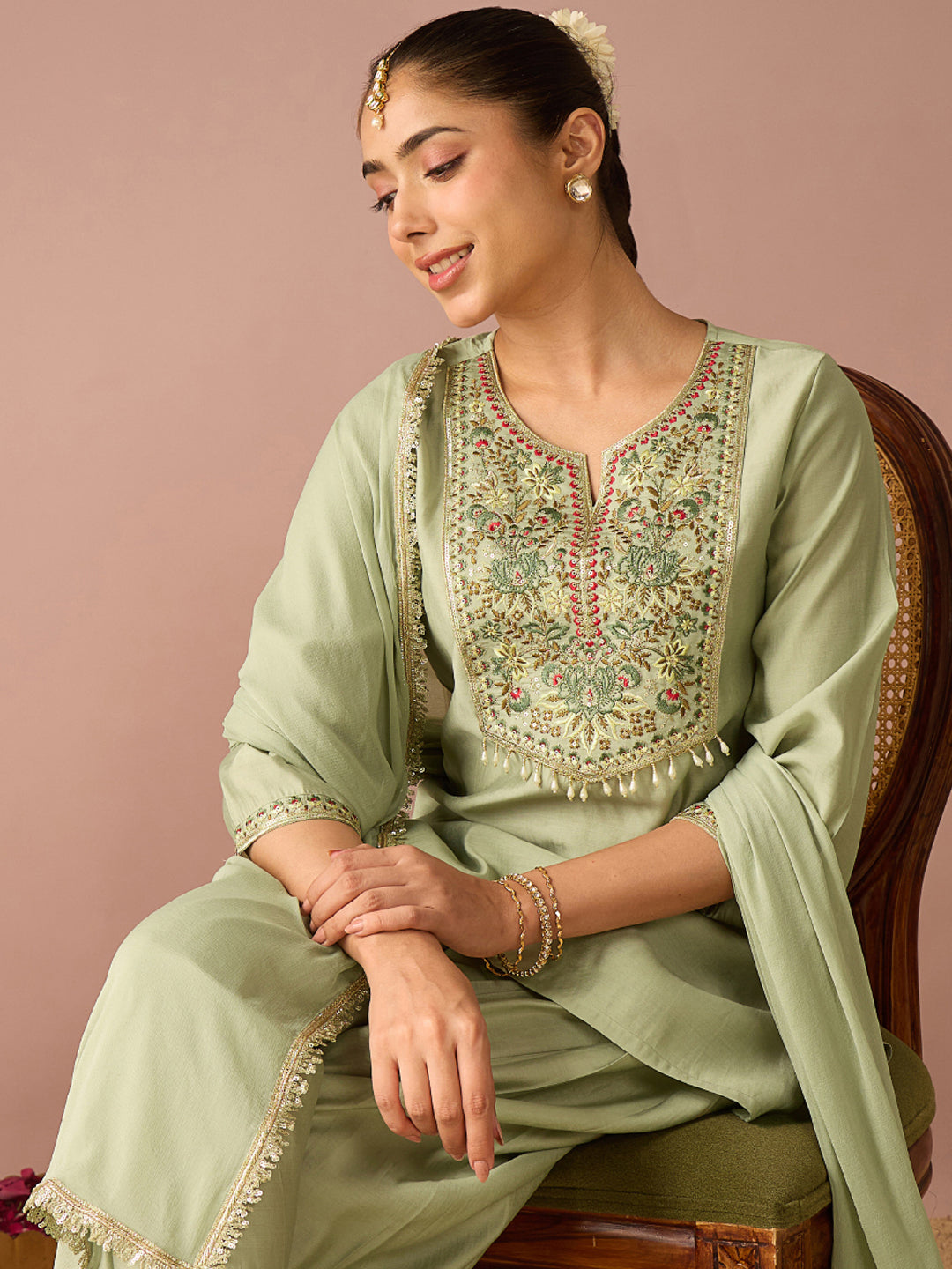 Janasya Women's Mint Green Chanderi Silk Floral Zari Embroidered Straight Kurta with Salwar And Dupatta Set