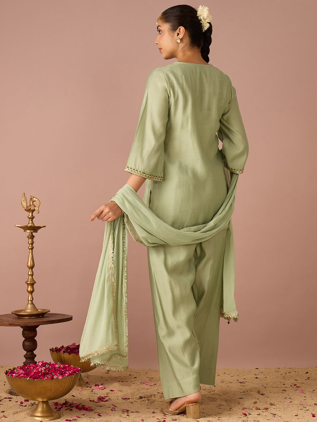 Janasya Women's Mint Green Chanderi Silk Floral Zari Embroidered Straight Kurta with Salwar And Dupatta Set