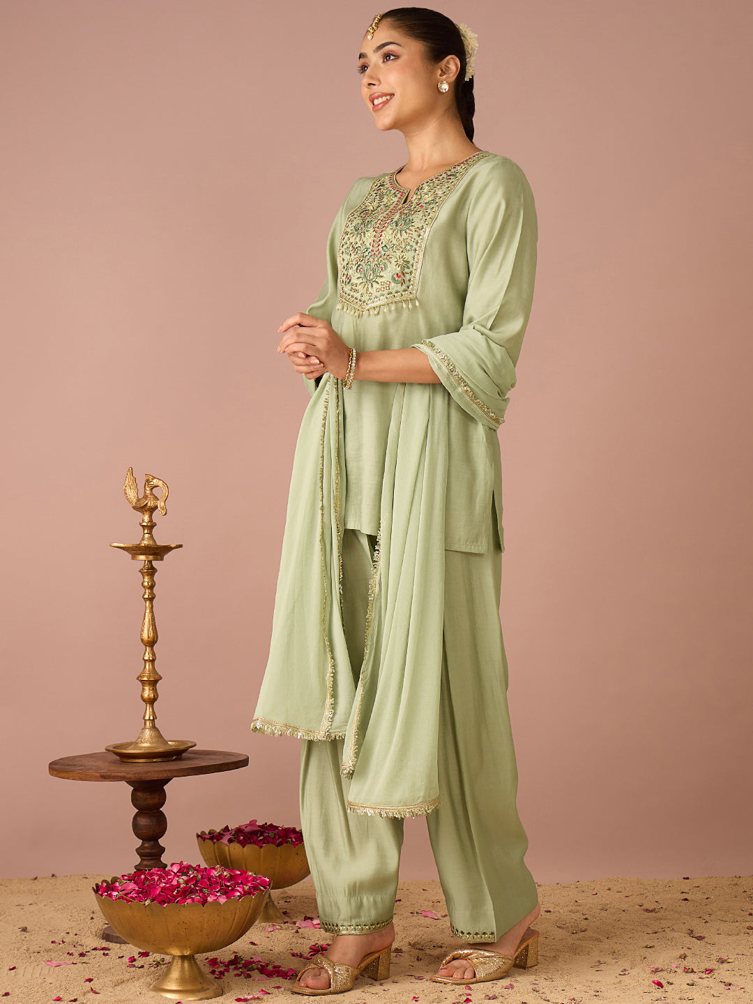 Janasya Women's Mint Green Chanderi Silk Floral Zari Embroidered Straight Kurta with Salwar And Dupatta Set