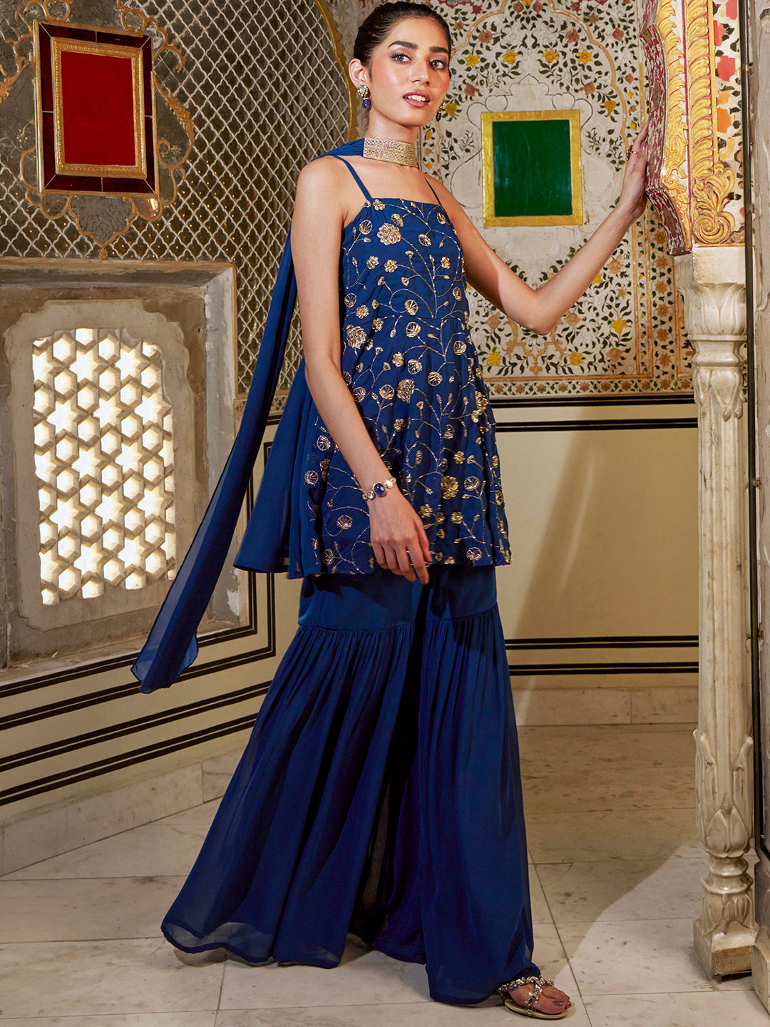 Janasya Women's Navy Blue Georgette Floral Embroidered A-Line Kurta with Sharara and Choker Dupatta Set
