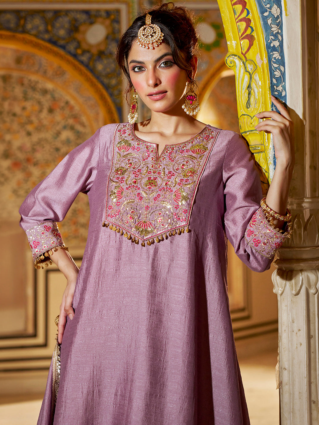 Janasya Women's Mauve Silk Blend Floral Yoke Embroidered A-Line Kurta Set