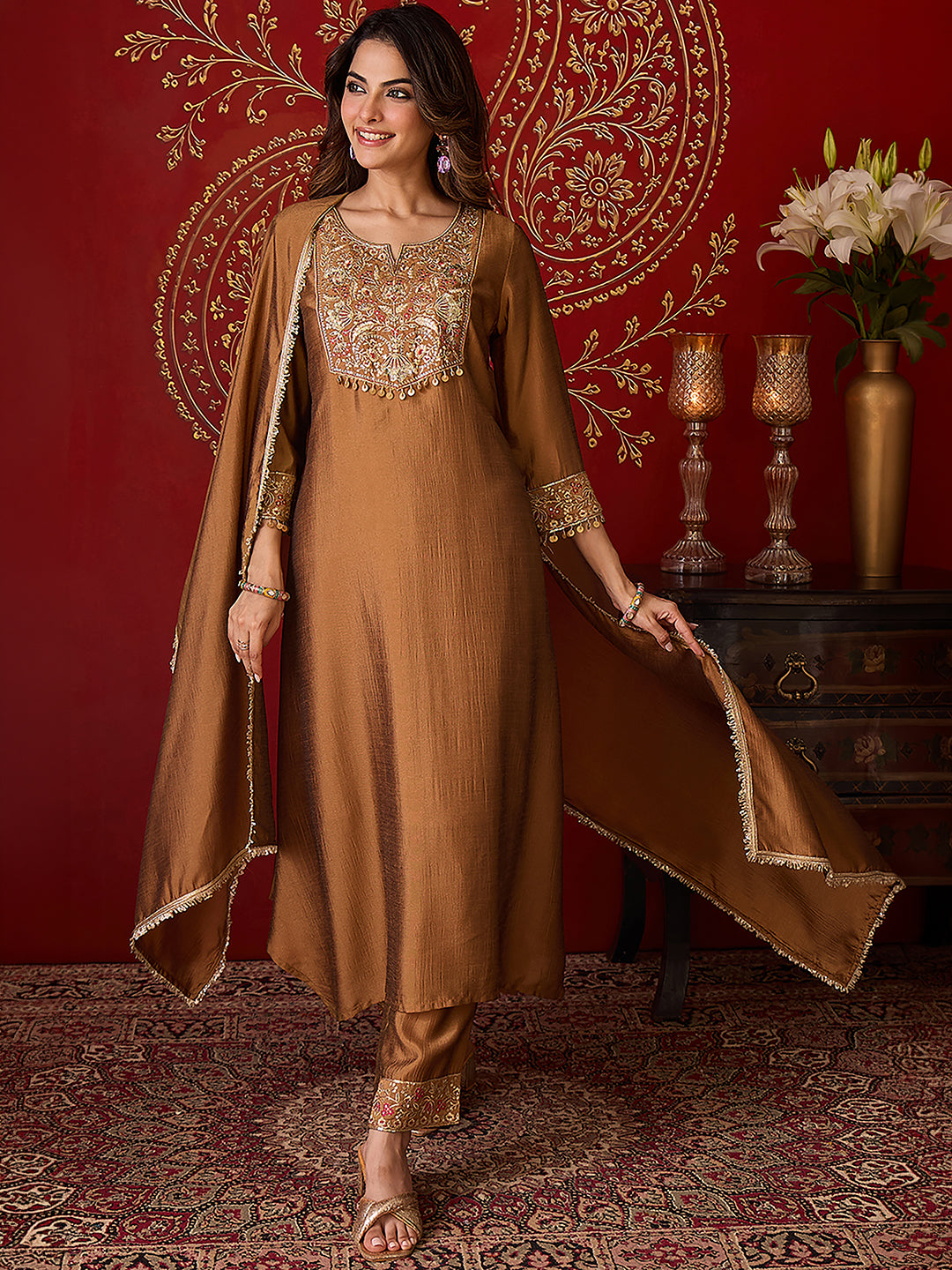 Janasya Women's Metallic Gold Silk Blend Floral Yoke Embroidered A-Line Kurta Set