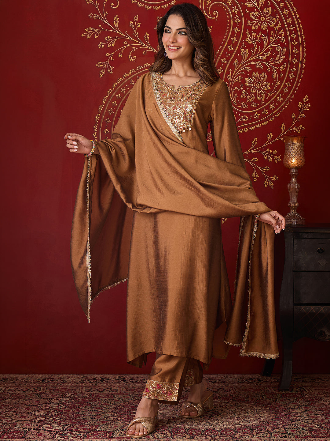 Janasya Women's Metallic Gold Silk Blend Floral Yoke Embroidered A-Line Kurta Set