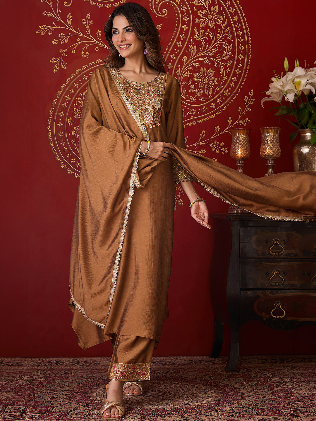 Janasya Women's Metallic Gold Silk Blend Floral Yoke Embroidered A-Line Kurta Set
