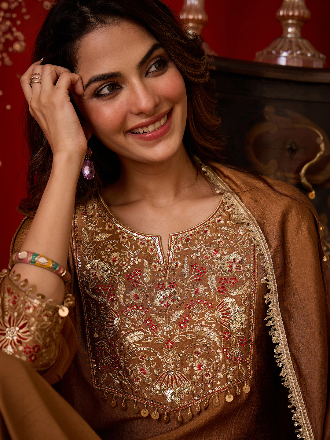 Janasya Women's Metallic Gold Silk Blend Floral Yoke Embroidered A-Line Kurta Set
