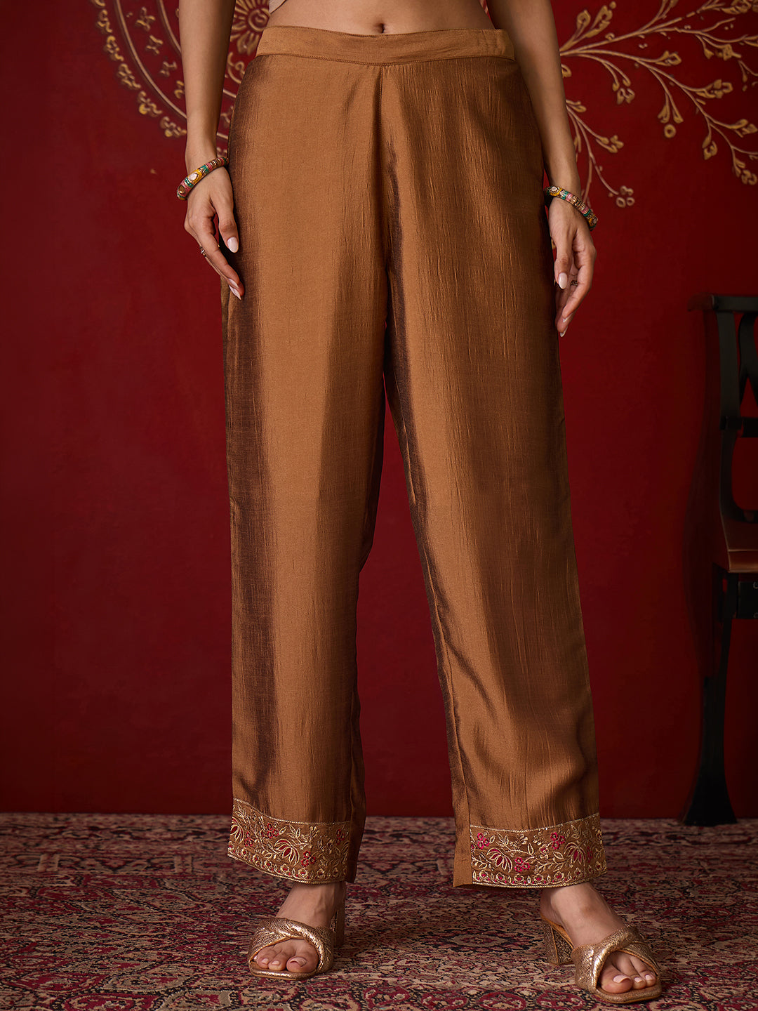 Janasya Women's Metallic Gold Silk Blend Floral Yoke Embroidered A-Line Kurta Set