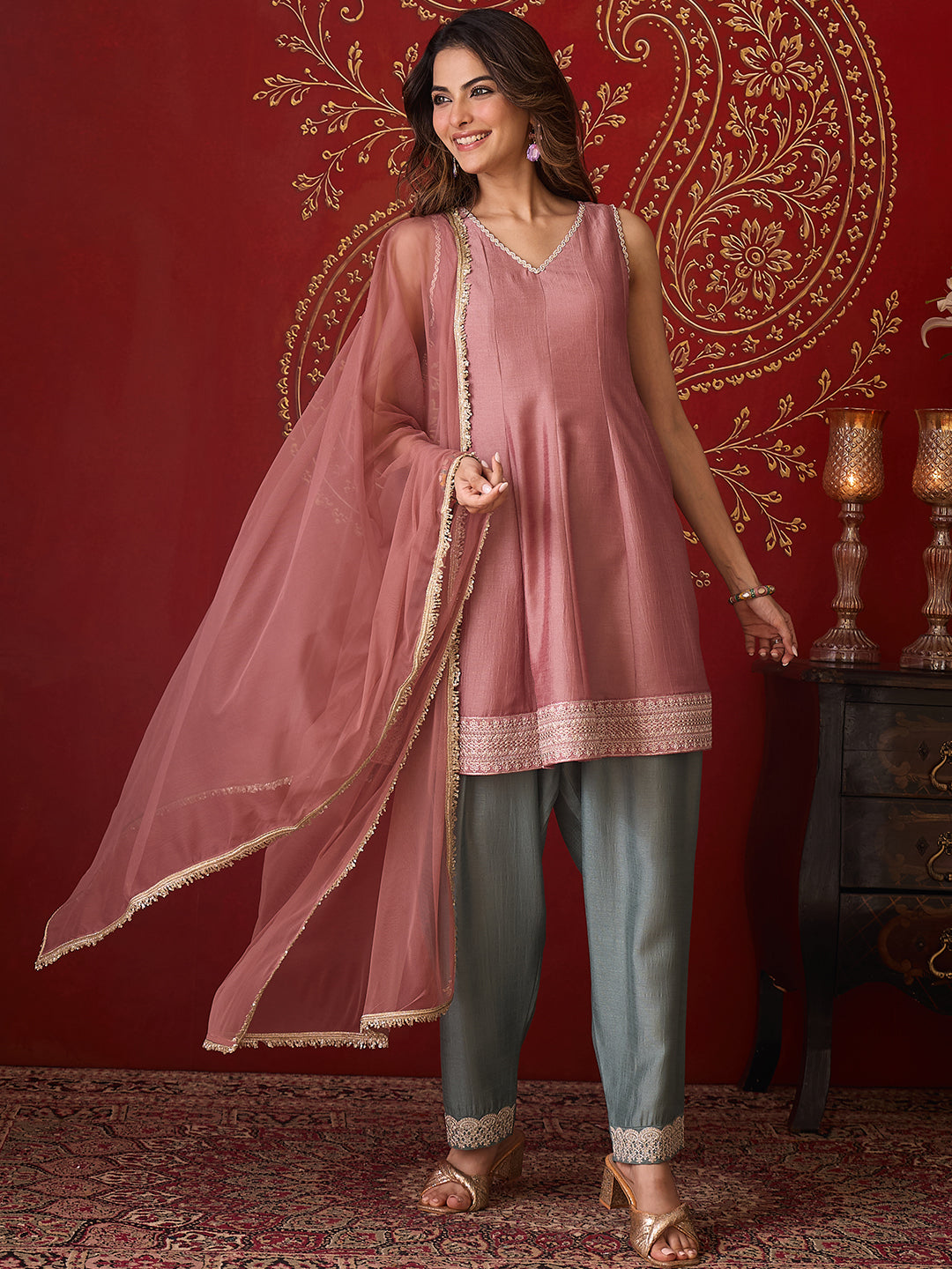 Janasya Women's Dusky Pink Silk Blend Zari Embroidered A-Line Kurti Salwar And Dupatta Set