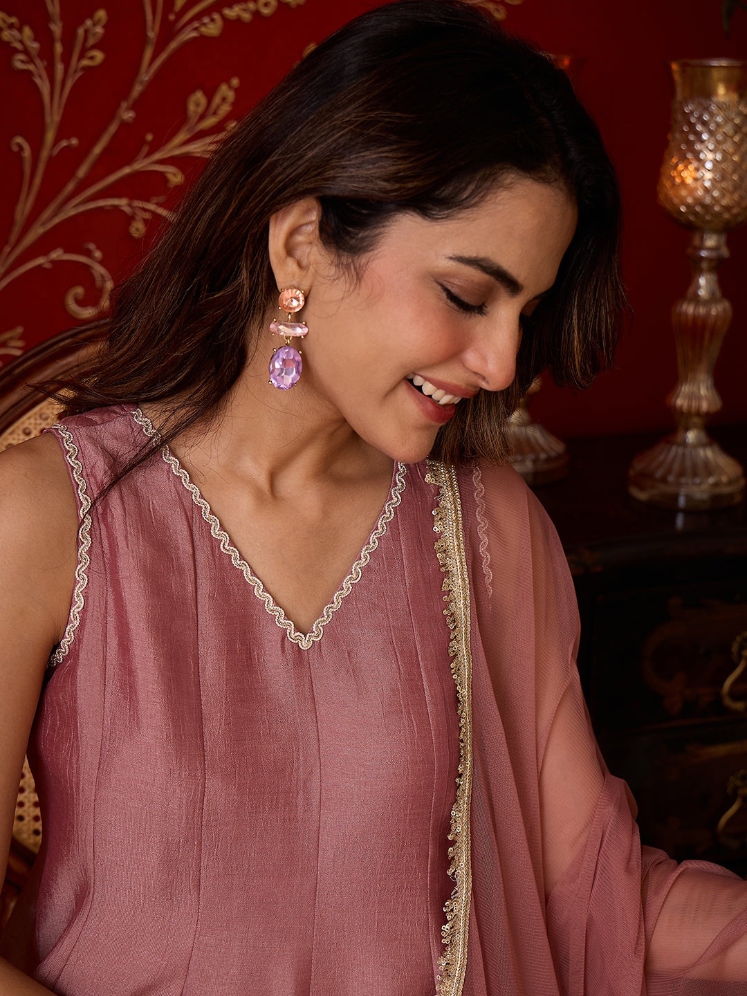 Janasya Women's Dusky Pink Silk Blend Zari Embroidered A-Line Kurti Salwar And Dupatta Set